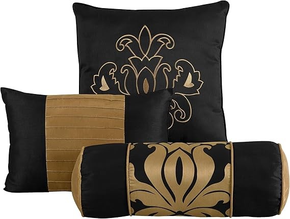 Chezmoi Collection Royale 7-Piece Jacquard Floral Comforter Set, Queen, Black/Gold