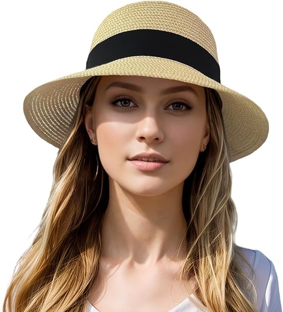Beach Sun Straw Hats for Women, Summer Sun Protection Foldable Packable Wide Brim Hat
