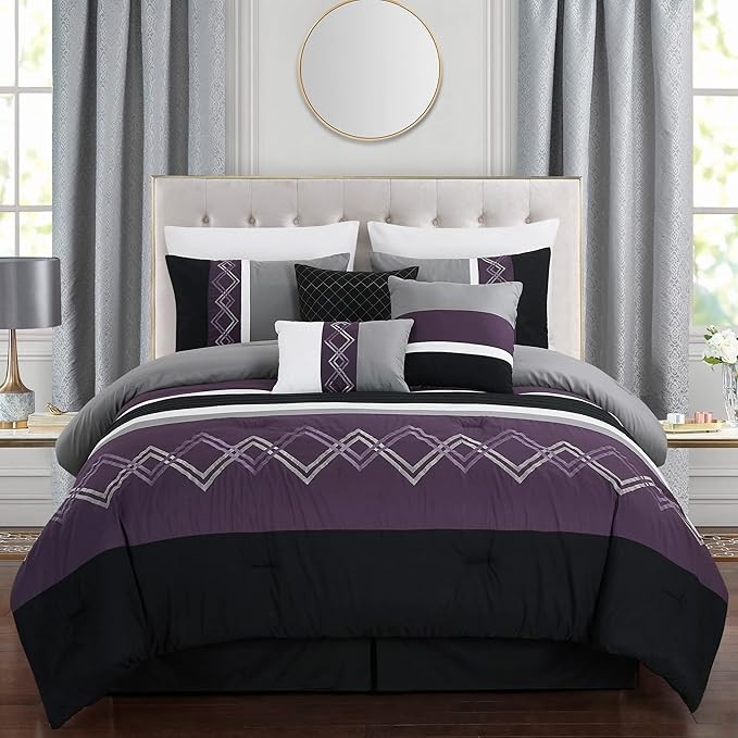 Chezmoi Collection Arden 7-Piece Modern Pleated Stripe Embroidered Zigzag Bedding Comforter Set (Queen, Purple/Black/Gray/White)