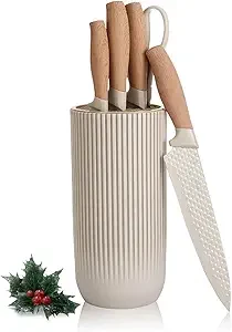 Knife Set, 6-Piece Khaki Kitchen Knife Set with Universal Knife Block, Super Sharp Professional Chef Knife Set with Anti-Rust Stainless Steel and Non-slip Ergonomic Handles (Khaki)
