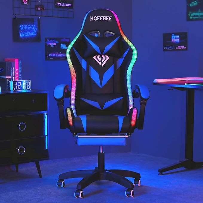 HOFFREE Gaming Chair Massage with Bluetooth Speakers and Led Lights Ergonomic Computer Gaming Chair with Footrest RGB Video Game Chair with High Back Lumbar Support Blue and Black
