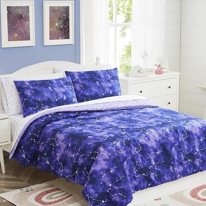 Comforter Set with Bedding - 5 Pieces Twin Bed in a Bag with Comforter, Sheets, Pillowcase & Sham - Glow in The Dark Galaxy