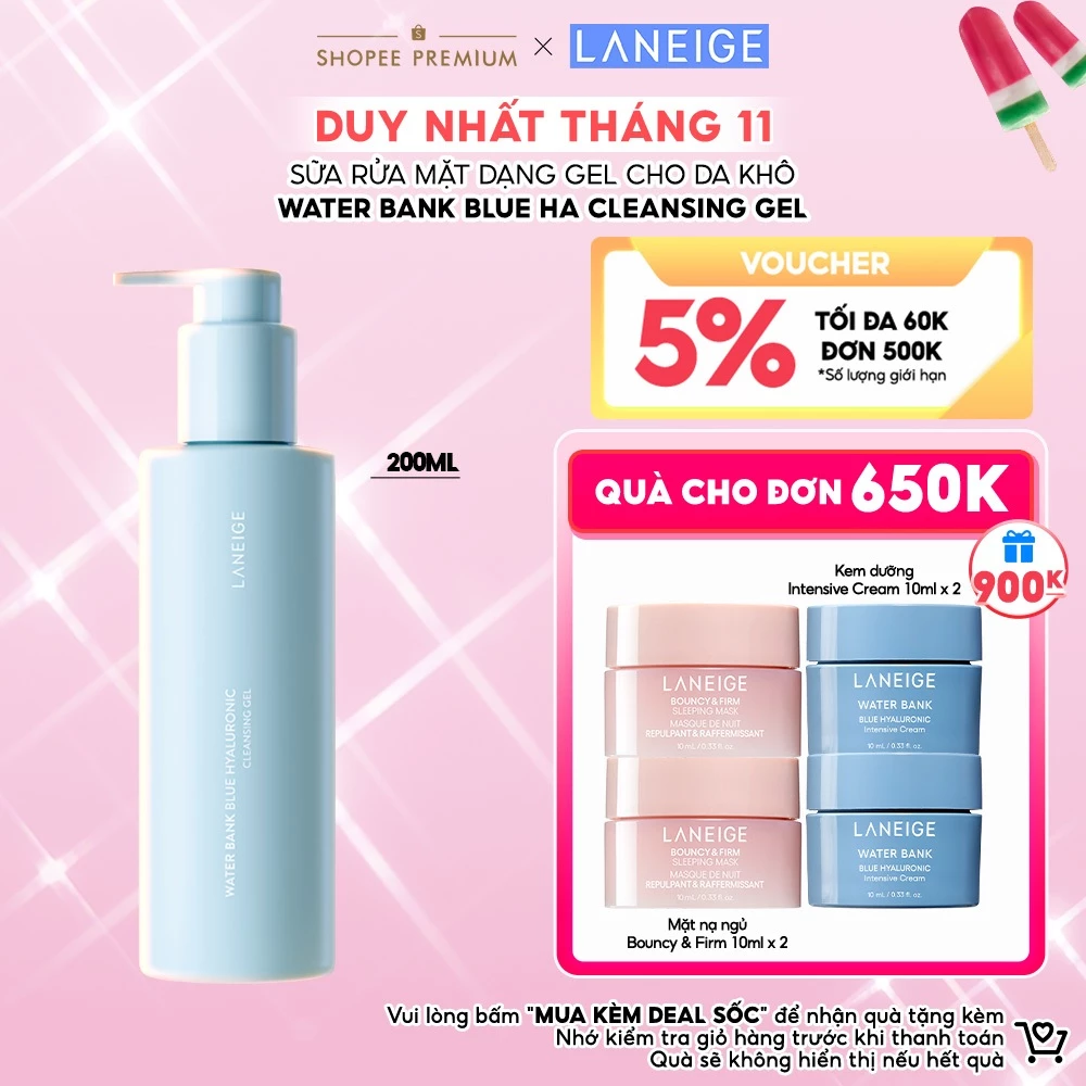 Sữa Rửa Mặt Dạng Gel Dịu Nhẹ Dành Cho Da Khô Laneige Water Bank Blue HA Cleansing Gel 200ml