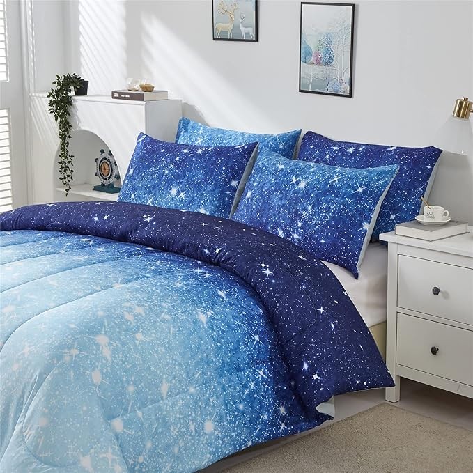 kiddiku Blue Glitter Comforter Set Twin Size for Boys Girls, Sparkle Galaxy Twinkle Starlight Comforter for Kids Teen, 2 Piece Aqua Blue Navy Ombre Bedding Set with 1 Pillow Case(Blue,Twin)