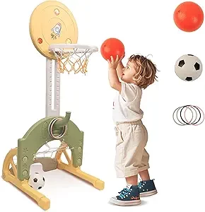 3-in-1 Kids Basketball Hoop Adjustable Height Sports Center for Basketball, Soccer, and Ring Toss Portable Toddler Sports Activity Center Indoor and Outdoor Play, Green