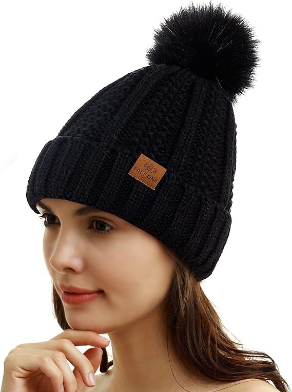PAGE ONE Womens Winter Thick Cable Knit Beanie Faux Fur Pom Hat Fleece Lined Skull Cap