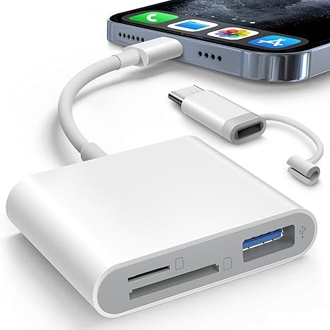 SD Card Reader for iPhone iPad Built-in Dual Connector Card Adapter with SD MicroSD USB-A 3 Slots Trail Camera Memory Card Viewer, Portable No App Required Plug and Play