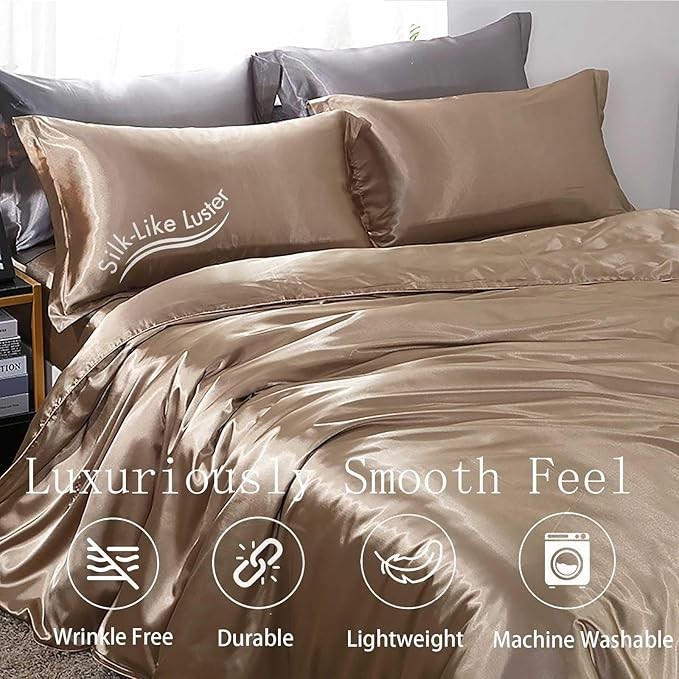 Bedding Luxury Satin Duvet Cover - Soft Satin Queen Set, 3 Pcs Luxury Silky Sheets, Silk-Like Smooth and Wrinkle Resistant,Queen Size, Zipper Closure, Women's Gift (Champagne, Queen 90"×90“)
