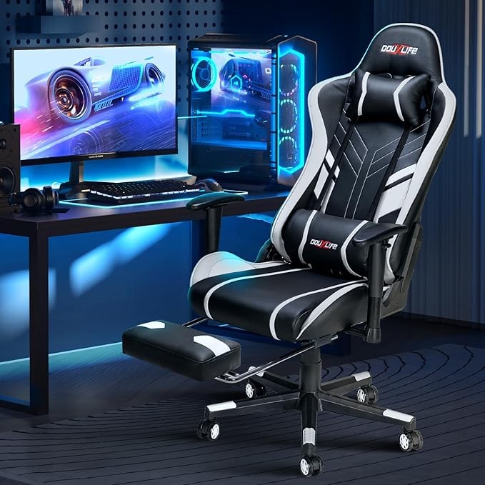 7-Point Massage Gaming Chair, 175° Gaming Recliner with Footrest Ergonomic Computer Gaming Office Chair High Back Video Game Chair with Lumbar Support, Upgraded Version White