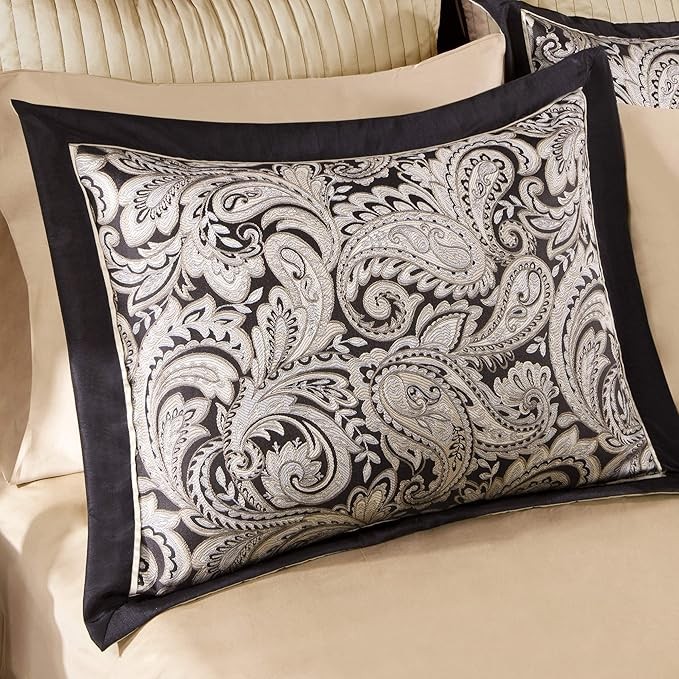 Madison Park Aubrey Cozy Comforter Set, Faux Silk Jacquard Paisley Design - All Season Down Alternative Bedding with Cotton Bed Sheets, Bed Skirt & Toss Pillows, Queen Black 12 Piece