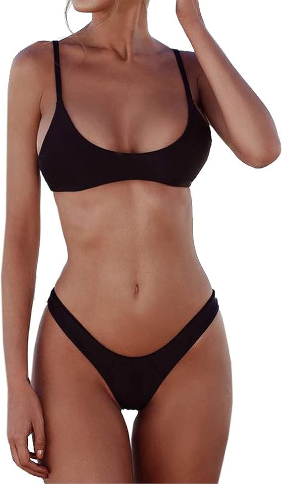 SherryDC Women's Solid Scoop Neck Push Up Padded Brazilian Thong Bikini Swimsuit Bathing Suit