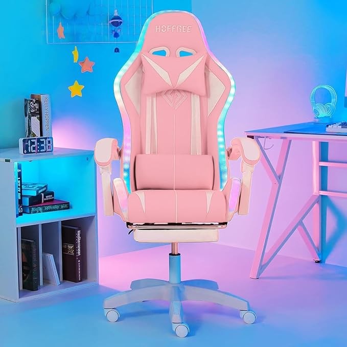 HOFFREE Gaming Chair with LED RGB Lights with Massage and Footrest Ergonomic Computer Chair High Back Video Game Chair with Adjustable Lumbar Support Linkage Armrest Pink and White