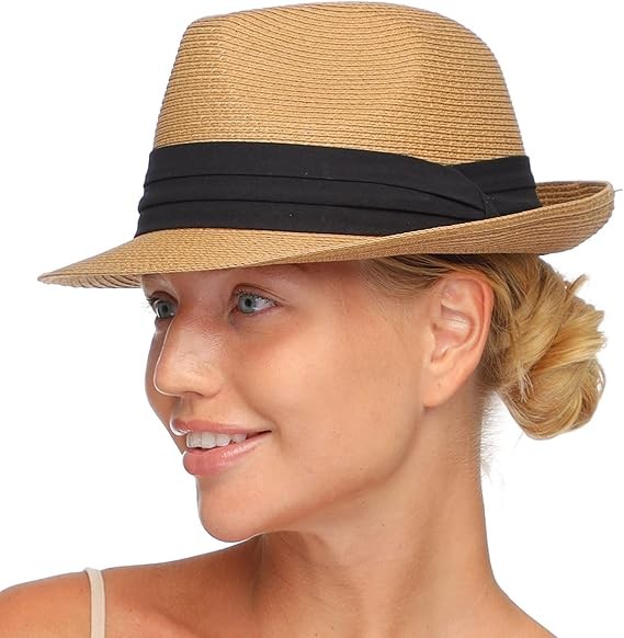 FURTALK Fedora Straw Sun Hat for Men Women Foldable Roll Up Short Brim Trilby Hat Panama Beach Hat UPF 50+