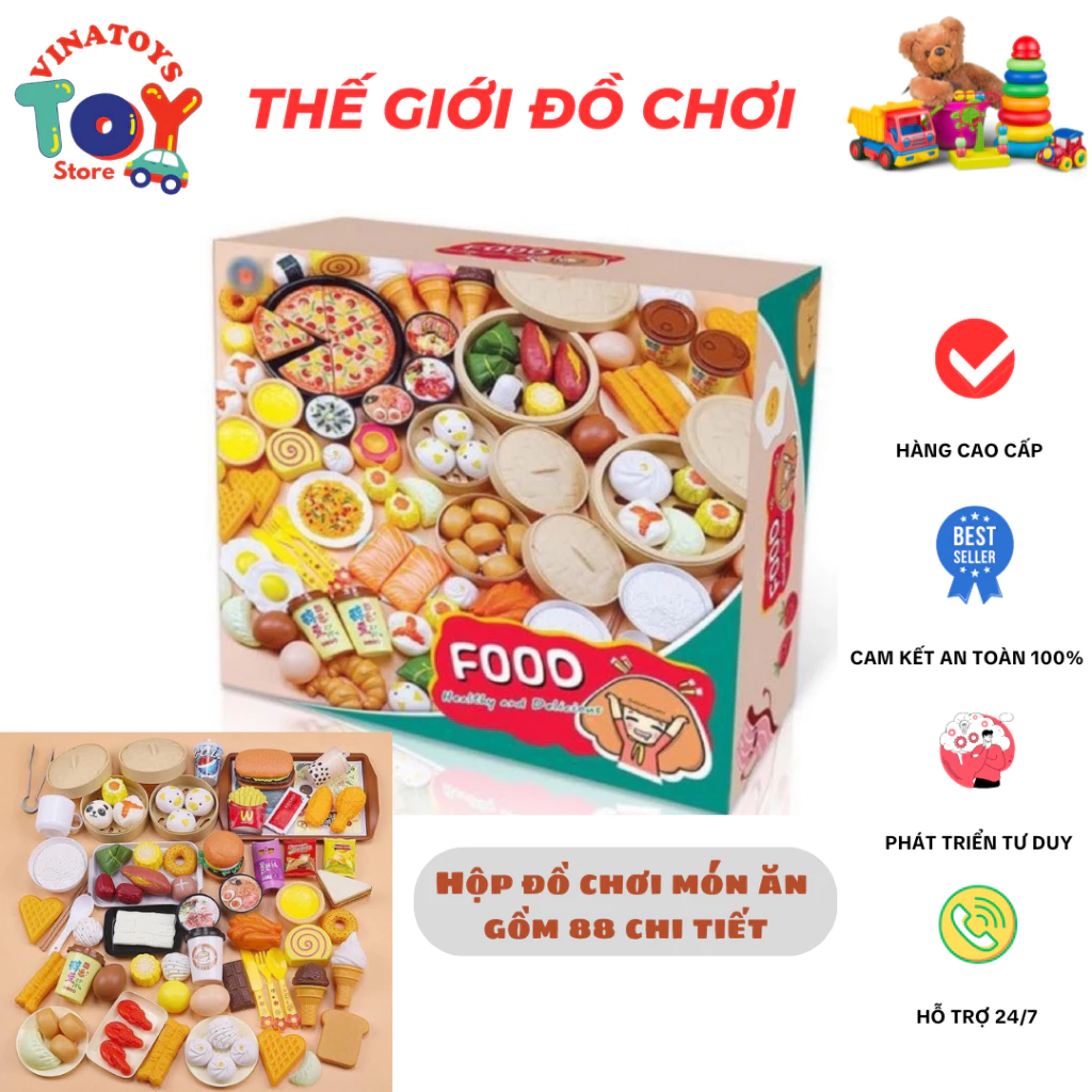 Đồ Chơi Hộp Mô Hình Món Ăn 88 Chi Tiết Cho Bé VINATOYS, Món Ăn Cho Trẻ Em, Bé Trai, Bé Gái Mô Phỏng Như Thật