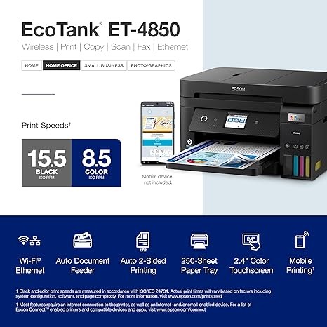 Epson EcoTank ET-4850 Wireless All-in-One Cartridge-Free Supertank Printer with Scanner, Copier, Fax, ADF and Ethernet – The Perfect Printer Office - Black