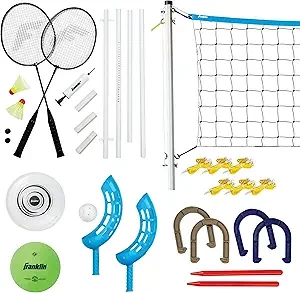Franklin Sports Fun 5 Combo Outdoor Game Set - Backyard, Beach + Camping Games for Kids - Badminton, Volleyball, Flip Toss, Flying Disc - Horseshoes or Ring Toss