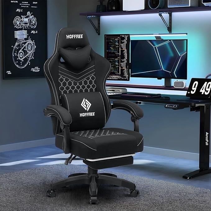 HOFFREE Gaming Chair Computer Chair Fabric with Pocket Spring Cushion Massage Game Chair with Footrest Ergonomic Gamer Chair with Lumbar Support Reclining Gaming Chairs for Adults Black