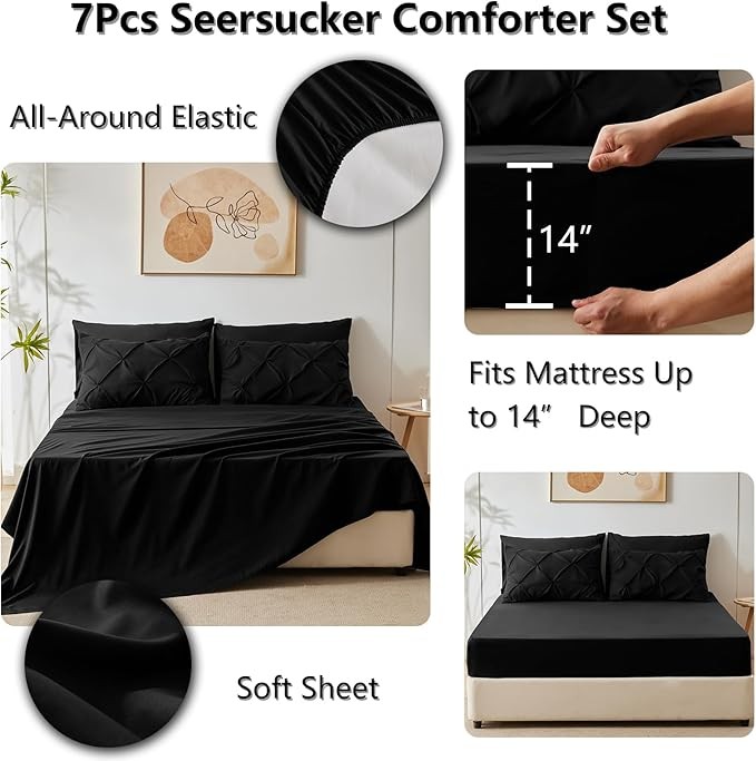 CozyLux Queen Comforter Set 7 Pieces Bed in A Bag Black Comforters Queen Size Bed Set Pintuck Pinch Pleat Complete Bedding Sets with Comforter, Flat Sheet, Fitted Sheet and Pillowcases & Shams