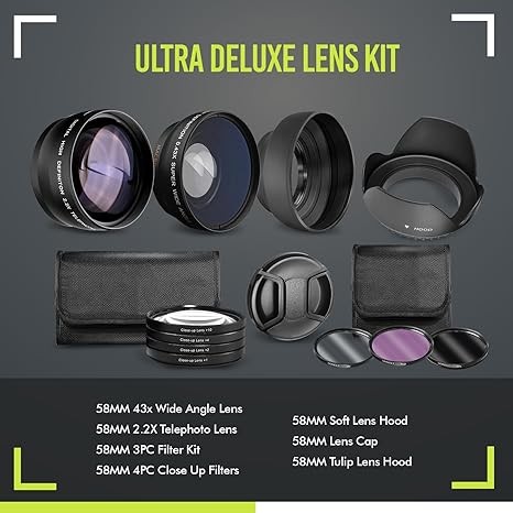 Ultra Deluxe Lens Kit for Canon Rebel T3, T5, T5i, T6, T6i, T7i, EOS 80D, EOS 77D Cameras with Canon EF-S 18-55mm is II STM Lens - Includes: 7pc 58mm Filter Set + 58mm Wide Angle and Telephoto Lens