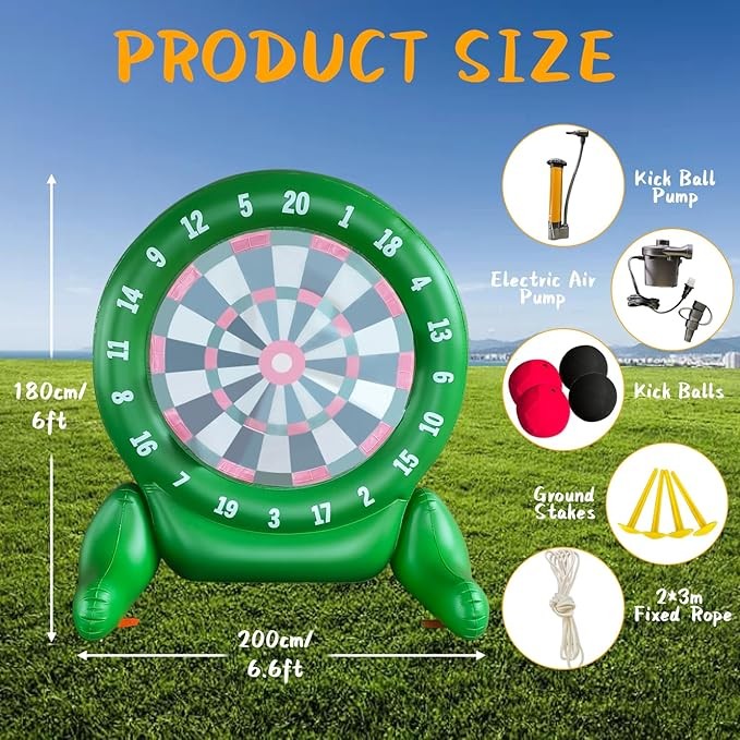 6Ft Tall Giant Kick Darts Games Green Inflatable Giant Kick Darts Games,Jumbo Outdoor Soccer Green Target Dartboard with Soccer Balls and Air Pump for Sports Game Backyard Activity with Air Blower