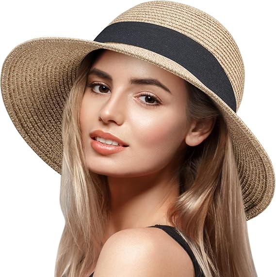 VIFUUR Womens Straw Hats Wide Brim Summer Visor Beach Sun Hat Packable UPF UV Foldable Travel