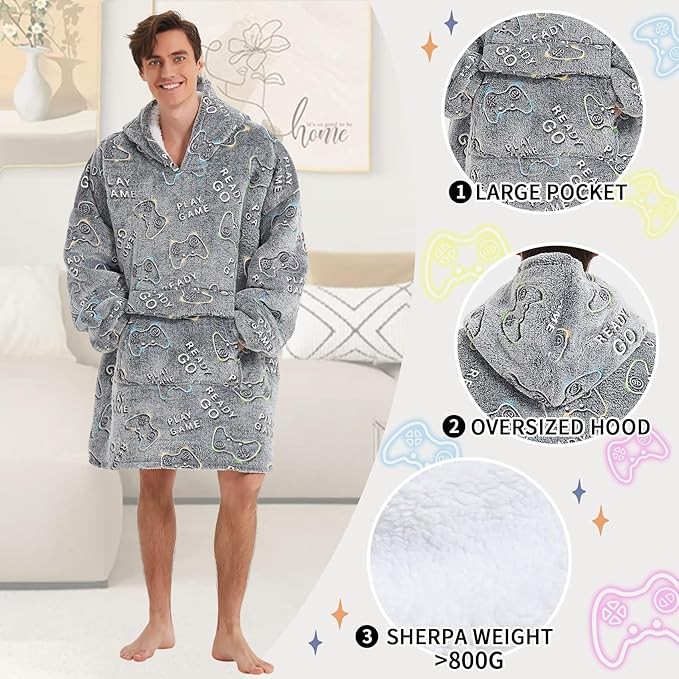 Glow in The Dark Game Controller Wearable Blanket Hoodie for Adult,Oversized Sherpa Fleece Blanket Hoodie for Women Men,Gamer