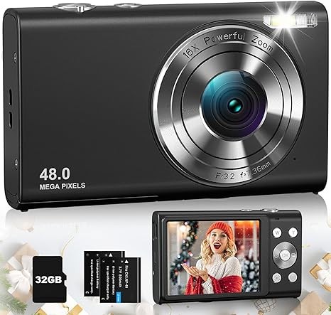 4K Digital Camera, 48MP Vlogging Camera for Photography and Video Autofocus Anti-Shake, Point and Shoot Digital Camera with 16X Zoom 32GB Card, Portable Compact Camera for Teens Adult Beginner-Black