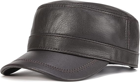 VOBOOM Leather Cadet Army Cap Adjustable Flat Top Military Style Hat for Men