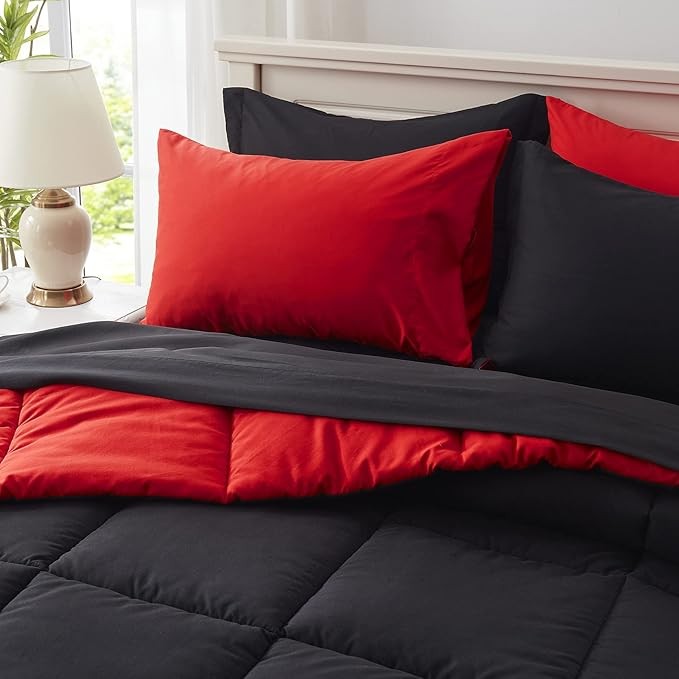 Anluoer Queen Comforter Set 7 Piece, Black Bed in a Bag with Comforters, Pillow Shams, Pillowcases, Flat Sheet, Fitted Sheet