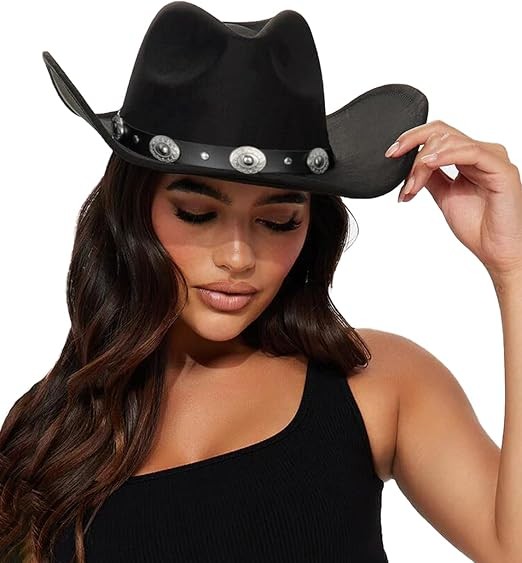 Womens Western Cowboy Hats Studded Pinched Western Cowgirl Hats Wide Brim Fedoras Hat with Belt Buckle (Size:Medium)