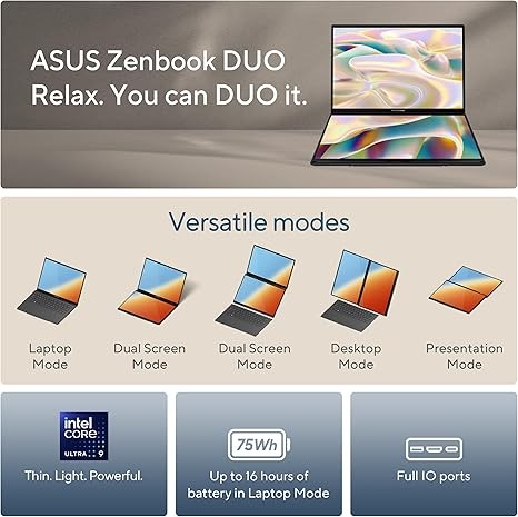 ASUS Zenbook Duo Laptop, Dual 14” OLED 3K 120Hz Touch Display, Intel Evo Certified, Intel Core Ultra 9 285H, Intel Arc Graphics, 32GB RAM, 1TB SSD, Windows 11, Inkwell Gray, UX8406CA-PS99T