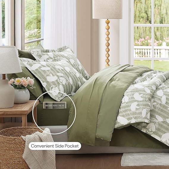 King Comforter Set -7 Pieces Sage Green Floral Comforter Set King for All Seasons, Bed in a Bag King with Botanical Flowers Comforter, Sheets, Pillowcases & Shams
