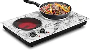 Hot Plate, CUSIMAX Double Burner Electric Hot Plate for Cooking, 1800W Dual Control Portable Electric Stove Countertop Electric Burner Infrared Electric Cooktop, Stainless Steel White Marble