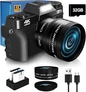 Roll over image to zoom in 4K 56MP Digital Camera for Photography NIKICAM Vlogging Camera for YouTube with 180° Flip Screen, WiFi,16X Digital Zoom, 52mm Lens, 2 Batteries, 32GB Micro SD Card(Black)