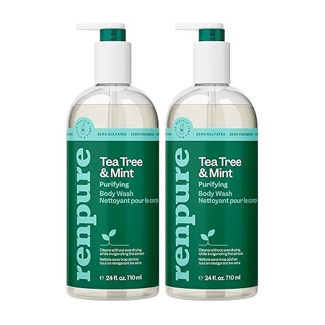 RENPURE Tea Tree & Mint Body Wash - Cleanses, Invigorates & Refreshes Skin Without Over-Drying - For All Skin Types - Tea Tree Leaf Oil, Spearmint Leaf Oil - 24 Fl Oz each, 2 Pac