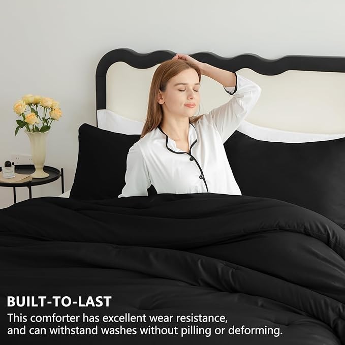 CozyLux Queen Comforter Set Black, 3 Pieces Solid Queen Comforter Breathable Quilted Style Bedding Sets, Luxury Soft Microfiber Down Alternative Comforter for All Season (1 Comforter & 2 Pillowcases)