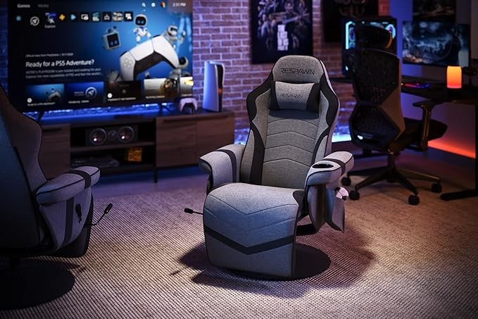 RESPAWN 900 Gaming Recliner - Video Games Console Recliner Chair, Computer Recliner, Adjustable Leg Rest and Recline, Recliner with Cupholder, Reclining Gaming Chair with Footrest - Gray Fabric