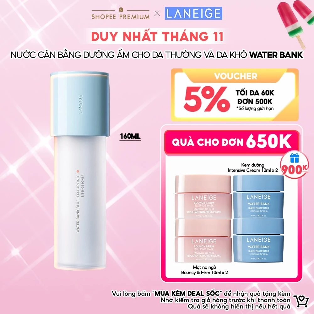 Toner Dưỡng Ẩm Phục Hồi Bảo Vệ Da Laneige Water Bank Blue HA Toner 160ml Cho Da Thường & Khô