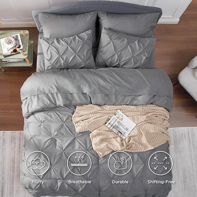 Bedsure Queen Comforter Set Grey - Bed in a Bag Queen Size 7 Pieces, GentleSoft™ Pintuck Bed Set Gift for Family, Pinch Pleat Grey Comforter with Sheets, Pillowcases & Shams