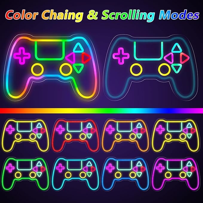 Gamer Neon Sign, LED Game Controller Gamepad Gaming Neon Light Sign for Game Room Wall Decor, Scrolling Color Changing Flashing Modes, Video Game Gifts for Teens, Boys, Kids, RGB