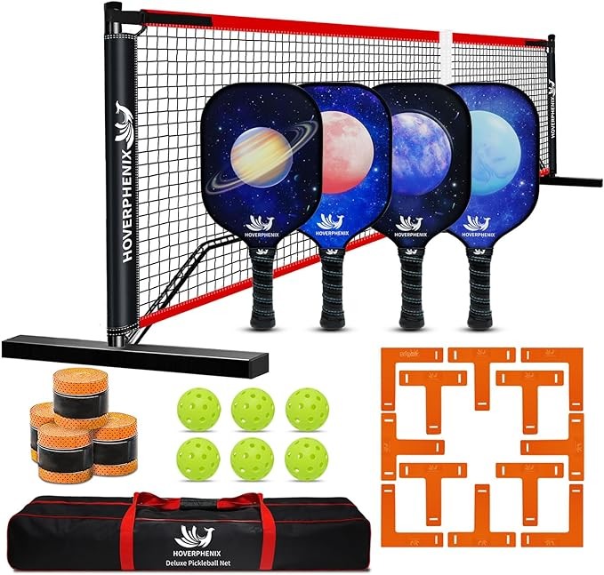Pickleball Net for Driveway, 22 FT Regulation Size Pickleball Set with Net and Fiberglass Paddles Set of 4, Outdoor Pickleballs and Carry Bag