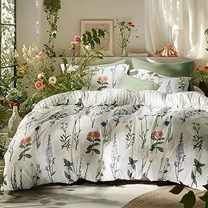 Bedsure Comforter Set Queen Size - Cute Floral Bedding Comforter Set, 3 Pieces, 1 Soft Reversible Coconut White Botanical Flowers Comforter and 2 Pillow Shams