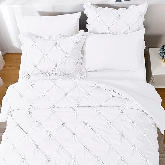 JOLLYVOGUE Queen Comforter Set 7 Pieces, White Bed in a Bag Comforter Set for Bedroom, Bedding Comforter Sets with Comforter, Sheets,Ruffled Shams & Pillowcases