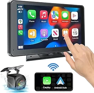 Portable Newest Wireless Apple CarPlay and Android Auto Screen for Car, 7" HD Touch Screen Car Stereo with Mirror Link, Bluetooth 5.2, Backup Camera, AUX,FM Transmitter for All Vehicle