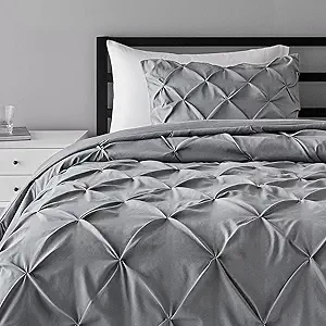 Bedding Double Needle Durable Stitching 3 Piece Pinch Pleat Comforter Set All Season Pintuck Style, Queen, Gray