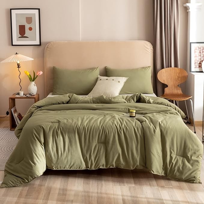 ROSGONIA Queen Comforter Set Olive Green, 3pcs Bedding Sets Queen (1 Boho Olive Comforter & 2 Pillowcases), All Season Lightweight Blanket Quilt