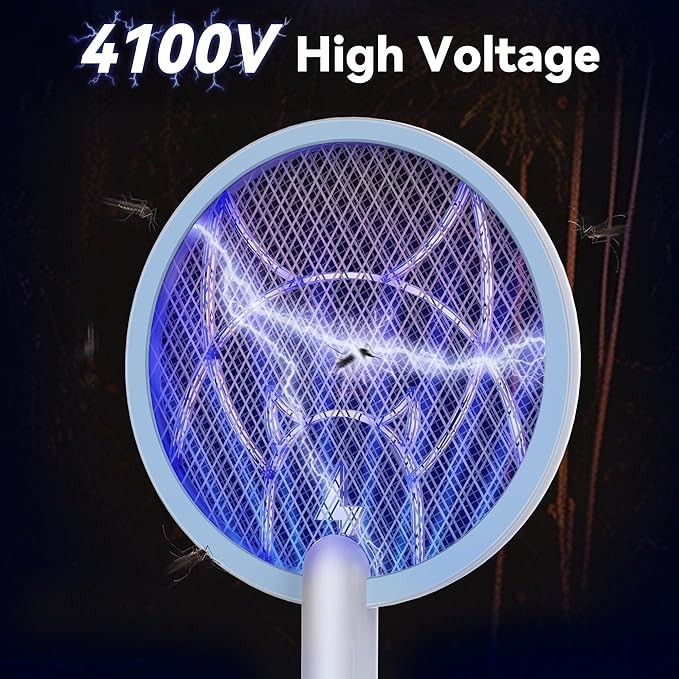 Electric Fly Swatter Racket, 2 in 1 Mosquito Bug Zapper 4100V Handheld Mosquito Killer with 1800 mAh Rechargeable Battery, Purple Light and 3-Layer Safety Mesh for Indoor Outdoor Blue