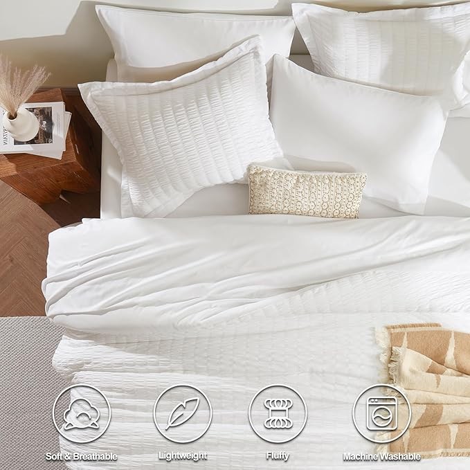 CozyLux Queen Bed in a Bag White Seersucker Comforter Set with Sheets 7-Pieces All Season Bedding Sets with Comforter, Pillow Sham, Flat Sheet, Fitted Sheet and Pillowcase