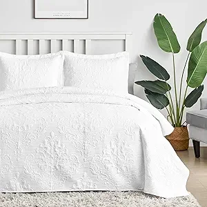 Hansleep White Quilt Queen Size - Damask Ultrasonic Summer Bedspread Queen, Soft Lightweight Coverlet Bedding Set, 3 Pieces (1 Quilt, 2 Pillow Shams)