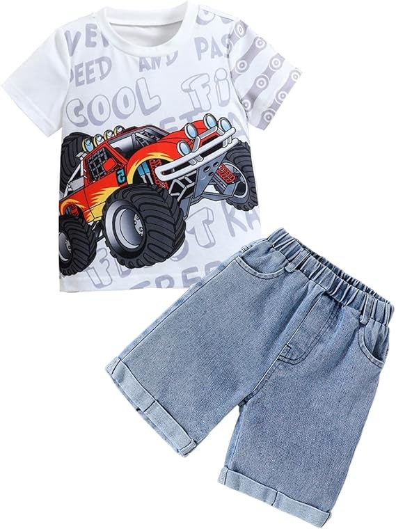 Toddler Summer Set - Car Printed Short Sleeve Shirt and Denim Shorts - Boys Short Jean Outfit (3-7 T)